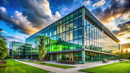 Modern corporate university building with glass facade and green landscape in an urban setting