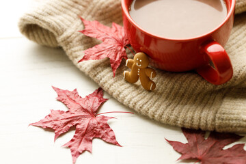 Hot chocolate drink in a red cup. Autumn Winter composition