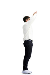 A man, full-length, on a white background, waving his arms