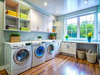 Modern Dryer and Laundry Machine in a Bright, Organized Laundry Room with Clean Clothes Inside