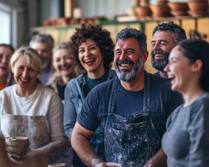 A group of friends in a pottery studio molding clay