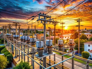 Modern Electrical Infrastructure in Urban Setting with Power Lines, Transformers and Utility Poles