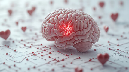 Brain health and love connection with red heart symbol on circuit background. World Stroke Day. World Mental Health Day