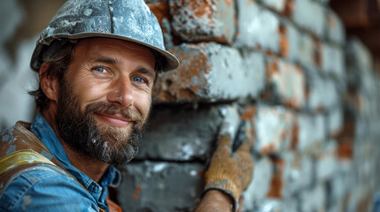 Portrait of friendly young Caucasian builder in helmet standing at construction site, mason builder in uniform smiling at construction site against background of bricks and building materials