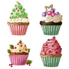 A clipart of four cupcakes - a traditional Christmas meal with cream and berries. A series of festive baked goods for the holidays