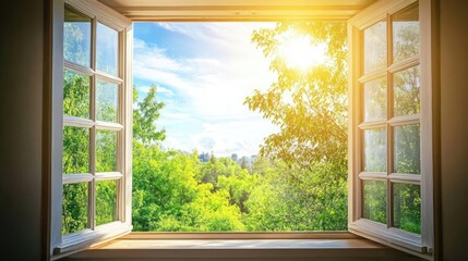 Bright sunlight streaming through an open window, offering a beautiful view of lush greenery outside, evoking a sense of tranquility.
