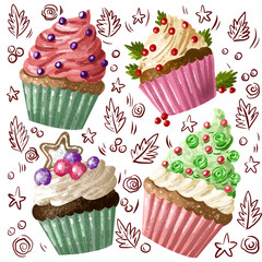 Background of four Christmas cupcakes and ingredients of traditional food for the holidays