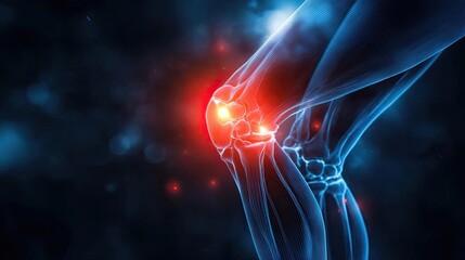 Close-up of a glowing knee joint, illustrating pain and inflammation, with a digital blue and red color scheme for visual impact.