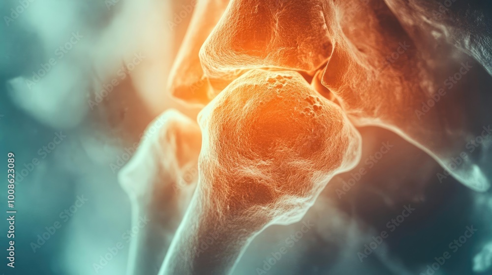 Poster detailed visualization of a human knee joint, highlighting its structure and function in a dynamic a