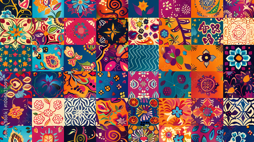 Poster set of patterns with shapes on a traditional carpet generated ai