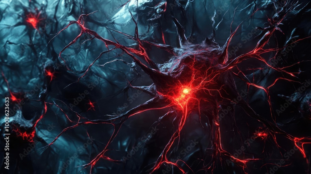 Poster a dark and surreal abstract image showcasing intertwined networks with glowing red elements against 