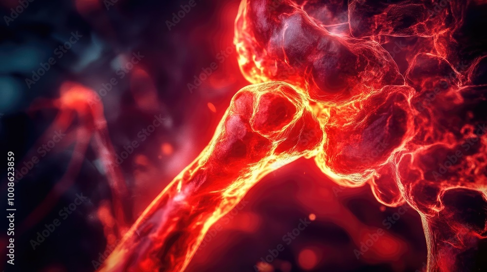 Poster a striking visual of glowing red structures resembling bone and tissue, showcasing intricate details