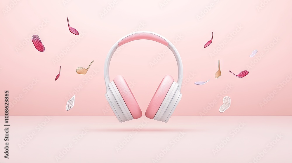 Poster front view of wireless headphones with colorful music notes flying outward in all directions, creati