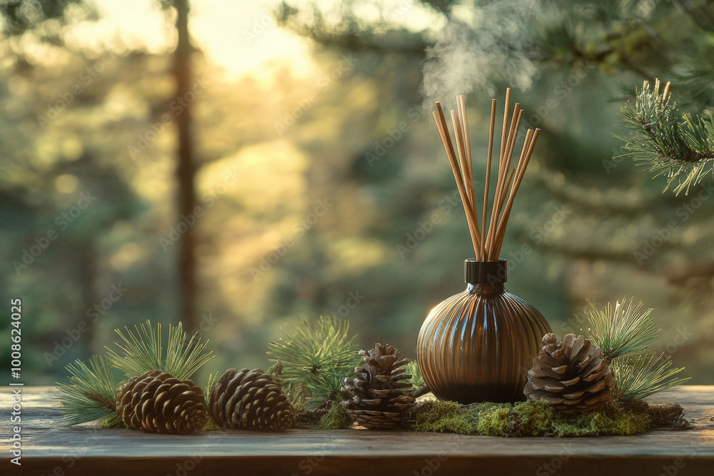 Poster aromatic diffuser releasing a pleasant scent with pine cones and moss on a wooden table with a pine 