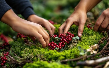 Hands of diverse skin tones create an eco-friendly wreath with moss and berries in natural light, showcasing a creative crafting experience
