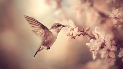 Fototapeta premium Close-up of a hummingbird pollinating a flower, vivid color texture and detail, in nature, soft natural lighting