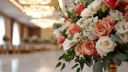 Glamorous wedding reception hall with sparkling chandeliers, decorated with lush floral arrangements and gold accents