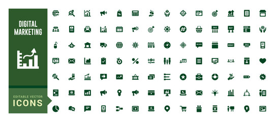 Digital marketing solid icon set. website, social media, seo, sales and more, Filled vector symbol collection. glyph icons for web and ui. Vector illustration.