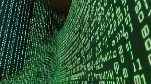 Glowing green binary code interwoven with digital noise on a grungy background, designed for a cyberpunk-themed mobile web banner or tech-inspired visual layout.