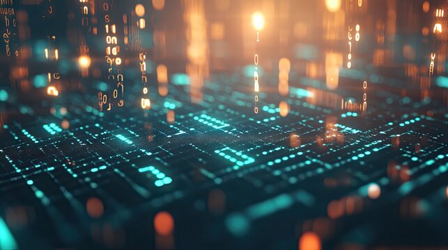 Glowing green binary code interwoven with digital noise on a grungy background, designed for a cyberpunk-themed mobile web banner or tech-inspired visual layout.