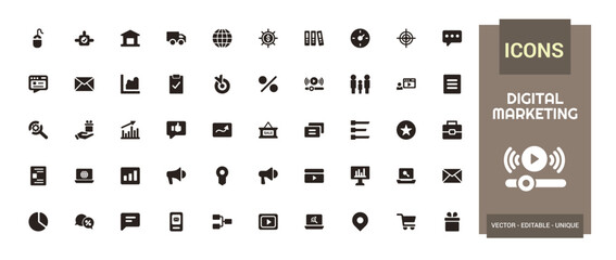 Digital marketing solid icon set. website, social media, seo, sales and more, Filled vector symbol collection. glyph icons for web and ui. Vector illustration.