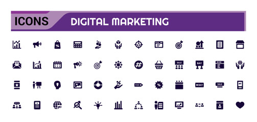 Digital marketing solid icon set. website, social media, seo, sales and more, Filled vector symbol collection. glyph icons for web and ui. Vector illustration.