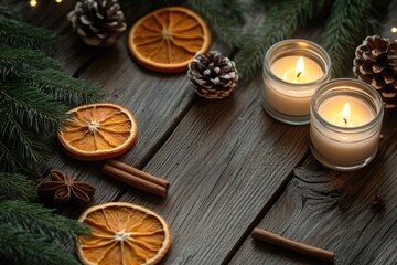 A rustic wooden table background with pine branches, cinnamon sticks, and dried orange slices  with glowing candles. The natural elements provide a warm and cozy holiday vibe for a festive scene.