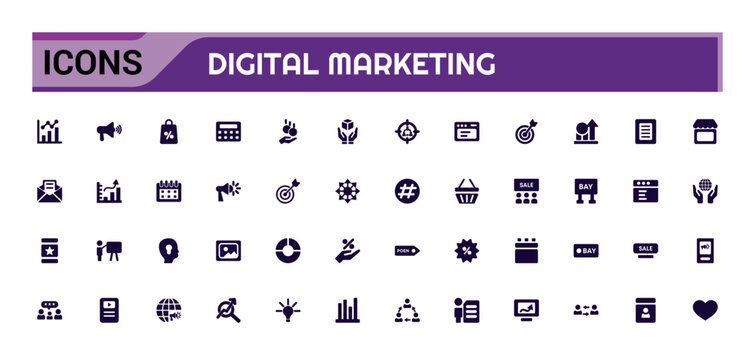 Digital marketing solid icon set. website, social media, seo, sales and more, Filled vector symbol collection. glyph icons for web and ui. Vector illustration.