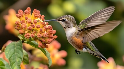 Fototapeta premium Close-up of a hummingbird pollinating a flower, vivid color texture and detail, in nature, soft natural lighting