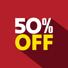 50% off mega sale discount offer logo on red background. 50 Percent Off Banner, template, poster.  Modern text offering Label, sticker vector illustration.
