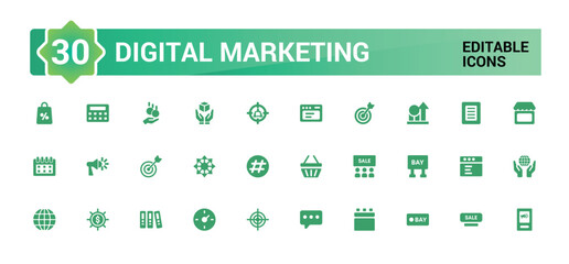 Digital marketing solid icon set. website, social media, seo, sales and more, Filled vector symbol collection. glyph icons for web and ui. Vector illustration.