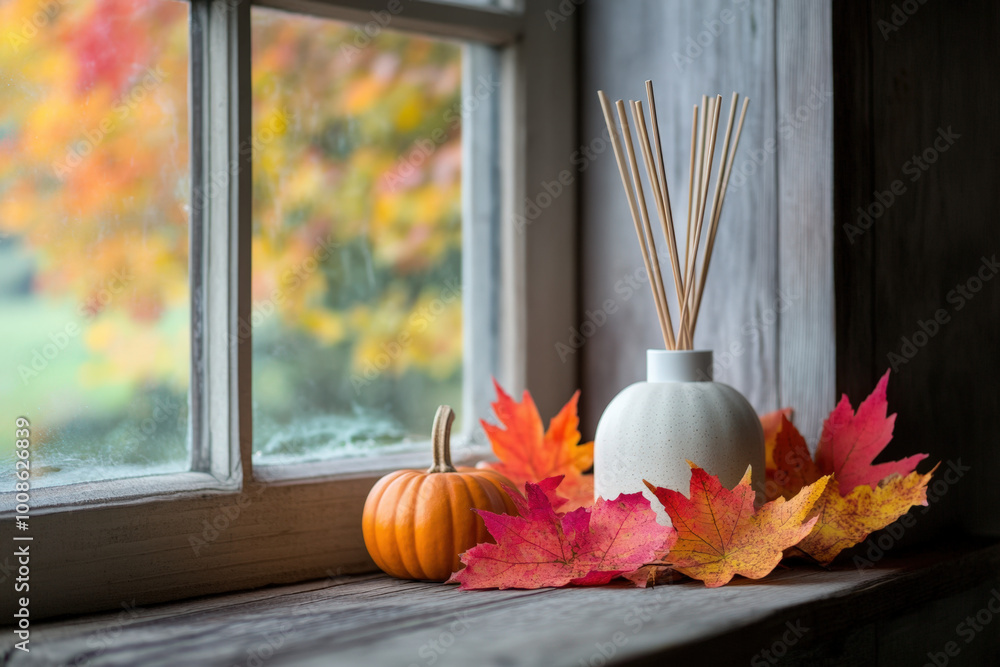 Aufkleber white ceramic diffuser with reed sticks is standing on a window sill with colorful maple leaves and 