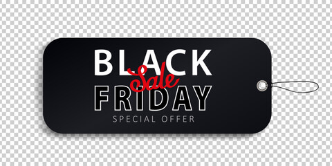 Template of black realistic price tag for Black Friday shopping event on transparent background. Discount paper label, sticker with string for hanging. Super SALE, special offer, best price, hot deal