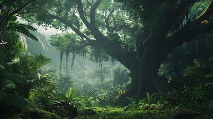 A dense jungle with lush foliage and a large, ancient tree with vines hanging from its branches. The sun shines through the canopy, creating a dappled light effect.