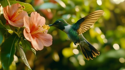 Fototapeta premium Close-up of a hummingbird pollinating a flower, vivid color texture and detail, in nature, soft natural lighting