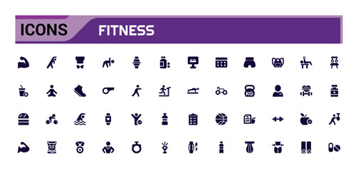 GYM And Fitness solid icon set. Includes dumbbell, gym bag, locker, and More. Filled icon collection, Glyph icons vector collection.