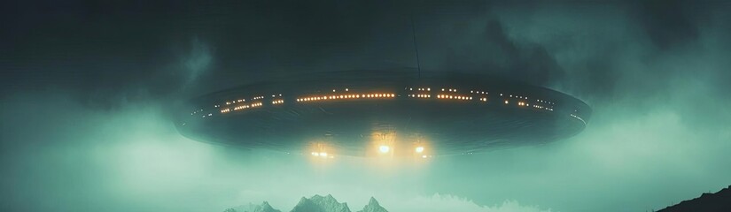 Fototapeta premium A mysterious UFO hovering over mountains, surrounded by ominous clouds, creating an intriguing and surreal atmosphere.