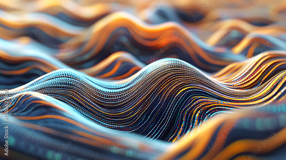 Poster big data field of a stream of interlaced strings. 3d illustration of wavy cyberspace