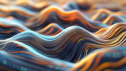Big data field of a stream of interlaced strings. 3D illustration of wavy cyberspace