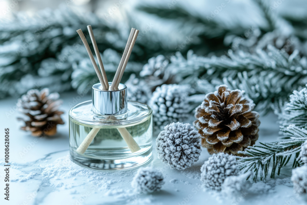 Poster aromatic reed diffuser creating cozy winter atmosphere on table with snow covered pine cones and fir