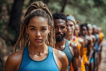 Diverse athletes in intense focus during outdoor training session