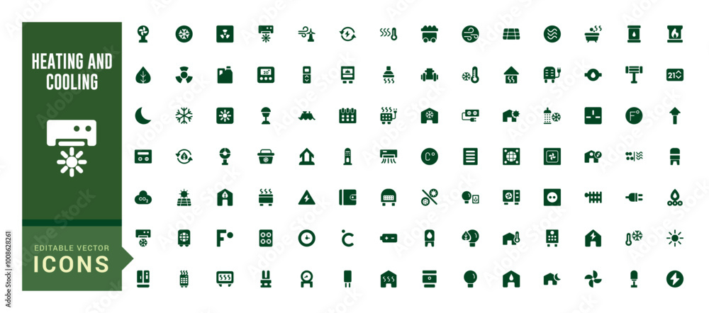 Poster heating and cooling system filled icons set. modern solid symbol collection, home temperature condit
