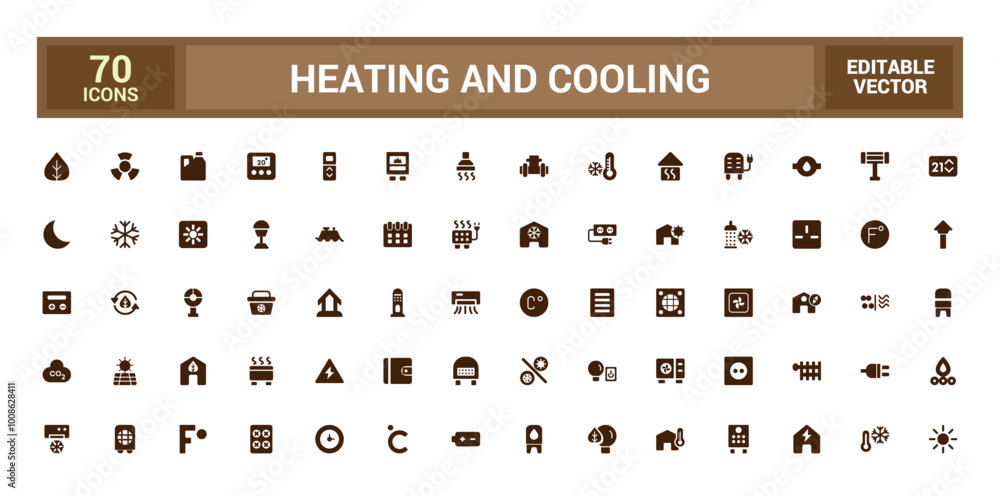 Poster heating and cooling system filled icons set. modern solid symbol collection, home temperature condit