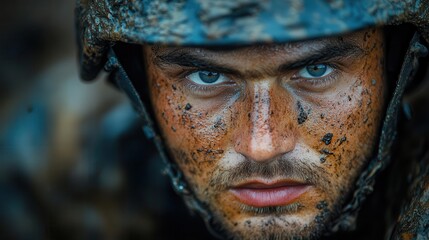 an intense soldier in full military gear helmet on engages in a serious conflict capturing the gravity of war through an evocative and dramatic composition