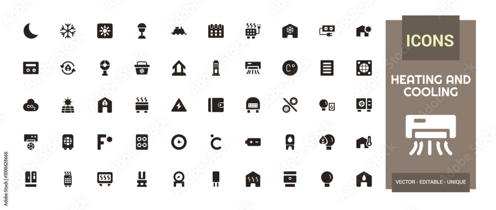 Poster heating and cooling system filled icons set. modern solid symbol collection, home temperature condit