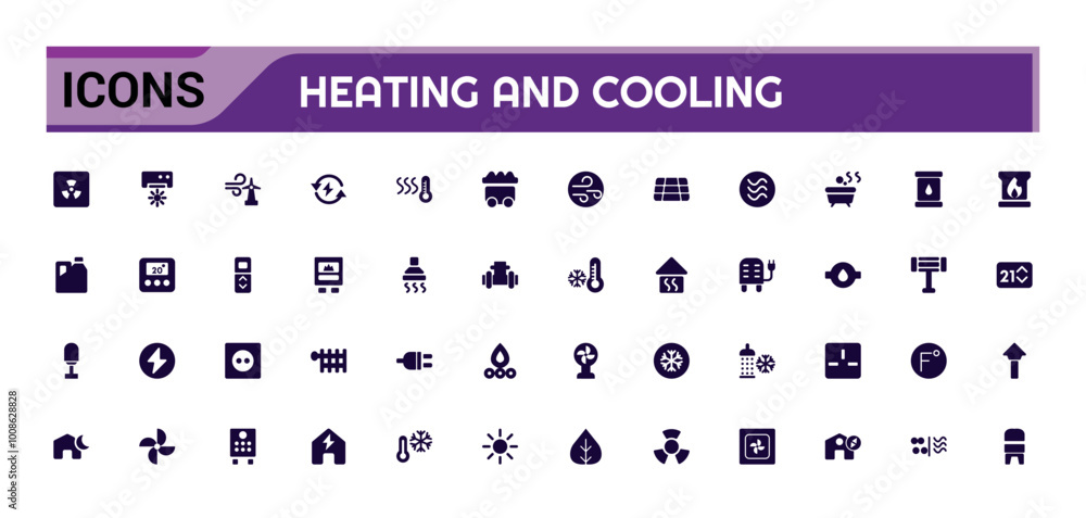 Poster heating and cooling system filled icons set. modern solid symbol collection, home temperature condit