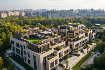 Fototapeta premium Modern eco-friendly apartment complex with rooftop gardens and terraces surrounded by lush greenery and urban city skyline