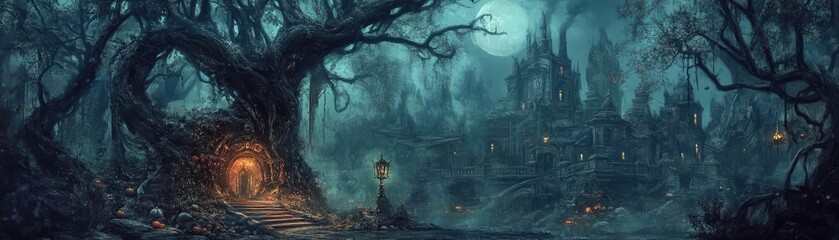 A mystical forest scene filled with eerie trees, glowing lights, and a sense of magic and mystery under the moonlight.