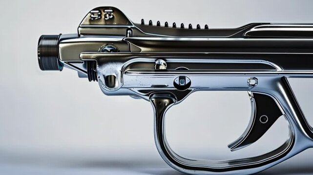 A silver gun with a black grip and trigger rests on a white surface
