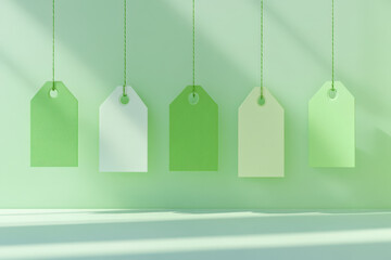 Green and white tags hanging on green background for green monday sale